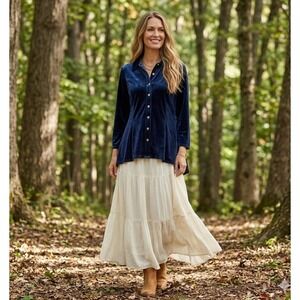 Soft Surroundings NWT Velvet Top Dark Blue Gold Button Up Shirt Sz PL